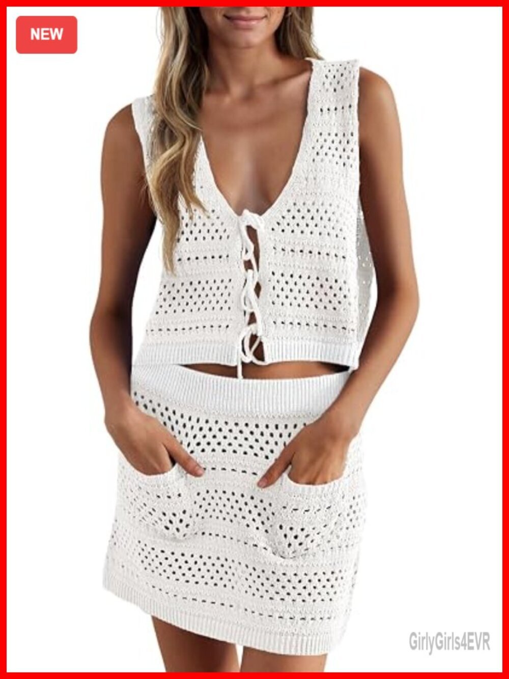 Crochet Swim Cover Up 2 Piece V Neck Sleeveless Front Tie Crop Top Mini Skirt